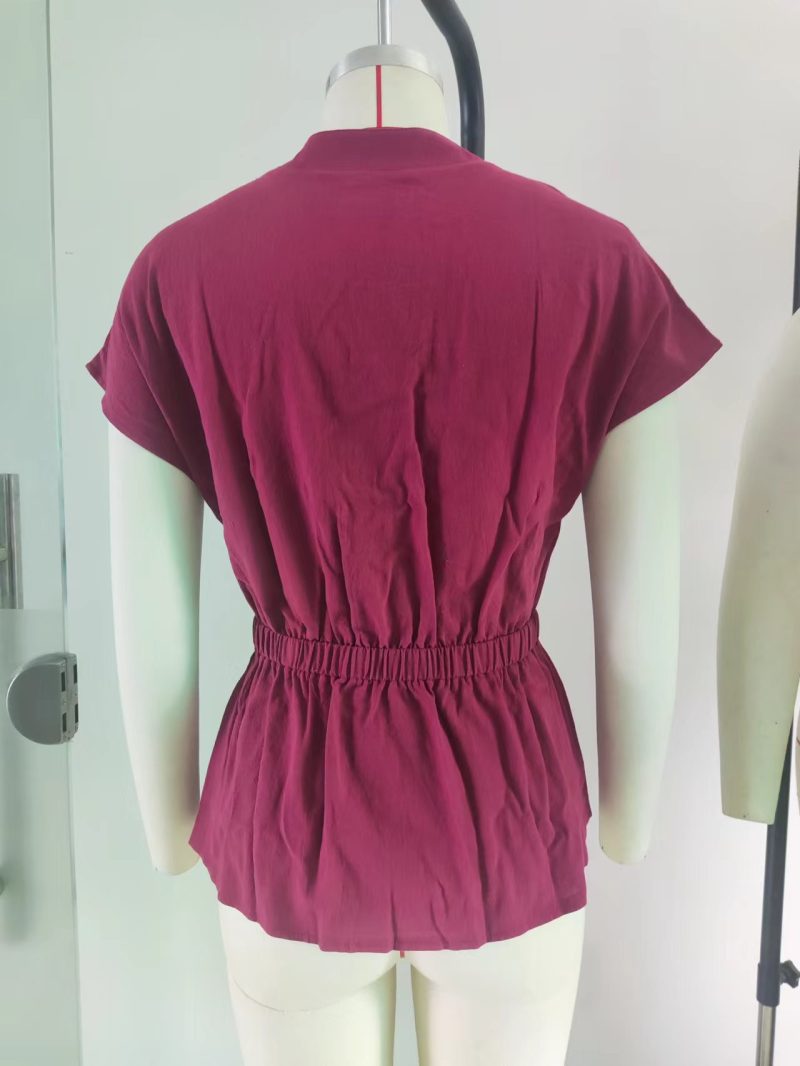 Top Summer Solid Color V-neck Button Belt Cotton Short Sleeve Women Shirt - Image 8