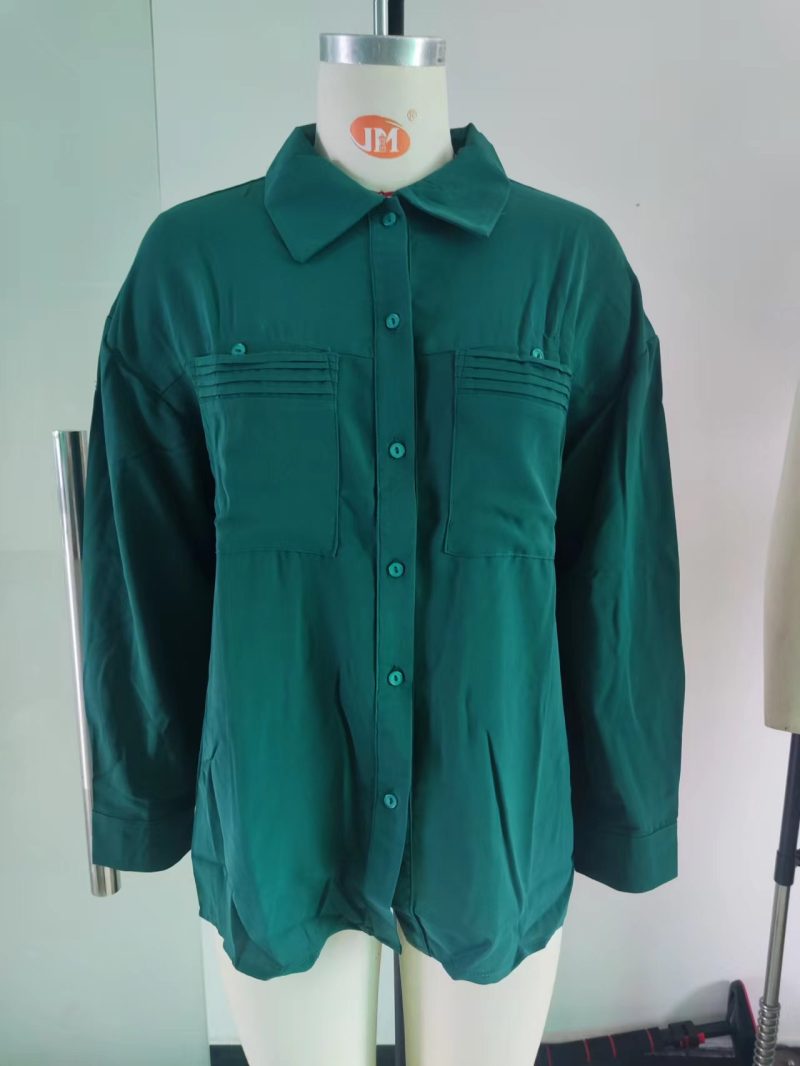 Shirt Spring Summer Solid Color Pocket Shirt Loose Long Short Sleeve Top - Image 7