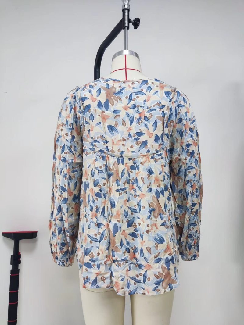 Women Clothing Floral Ruffled Waist Shirt Tied V-neck Casual Long-Sleeved Top - Image 7