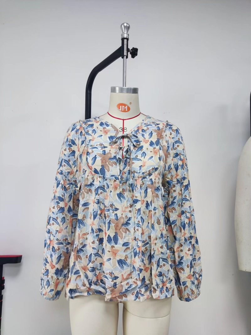 Women Clothing Floral Ruffled Waist Shirt Tied V-neck Casual Long-Sleeved Top - Image 8