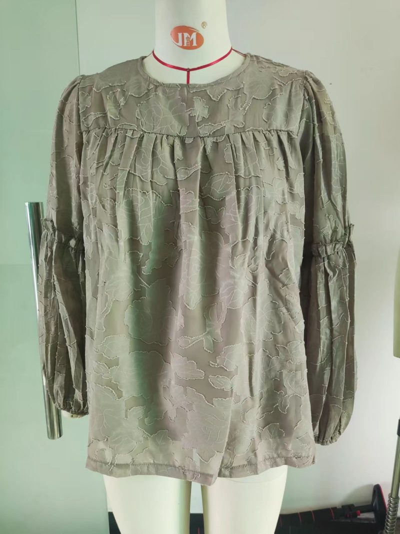 Women Clothing Autumn Winter round Neck Long-Sleeved Peony Jacquard Chiffon Shirt Hollow Out Cutout Top - Image 7