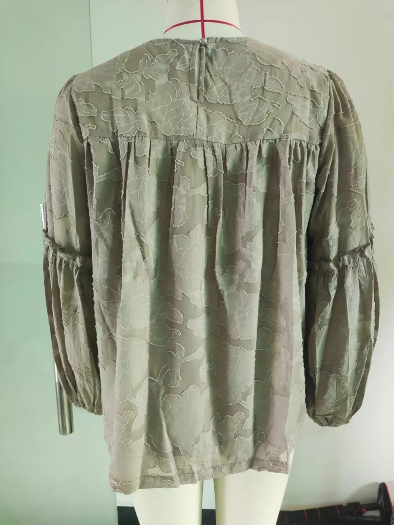 Women Clothing Autumn Winter round Neck Long-Sleeved Peony Jacquard Chiffon Shirt Hollow Out Cutout Top - Image 8