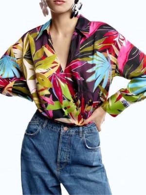 Summer Women All-Match Casual Tropical V-neck Printed Shirt Blouse