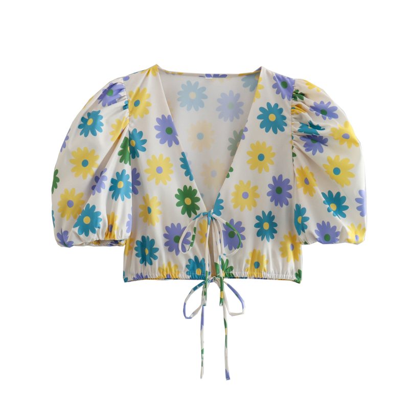 Summer Women Clothing V-neck Floral Print Puff Sleeve Knotted Short Top - Image 2
