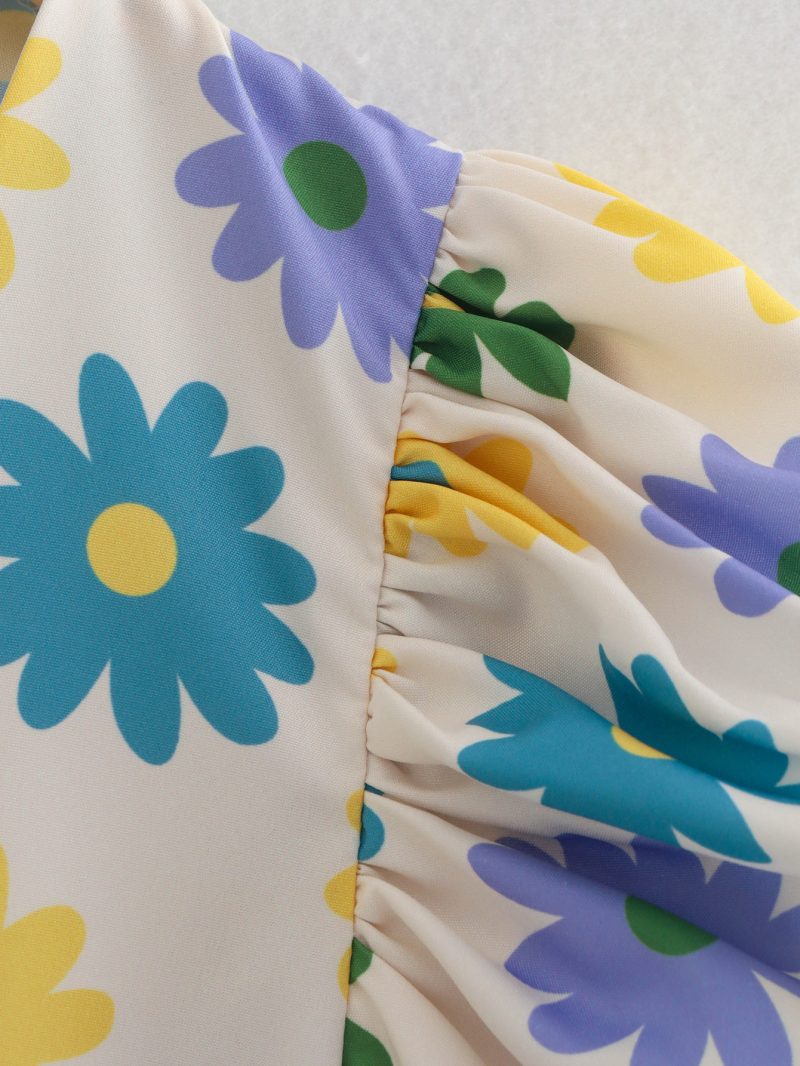 Summer Women Clothing V-neck Floral Print Puff Sleeve Knotted Short Top - Image 3