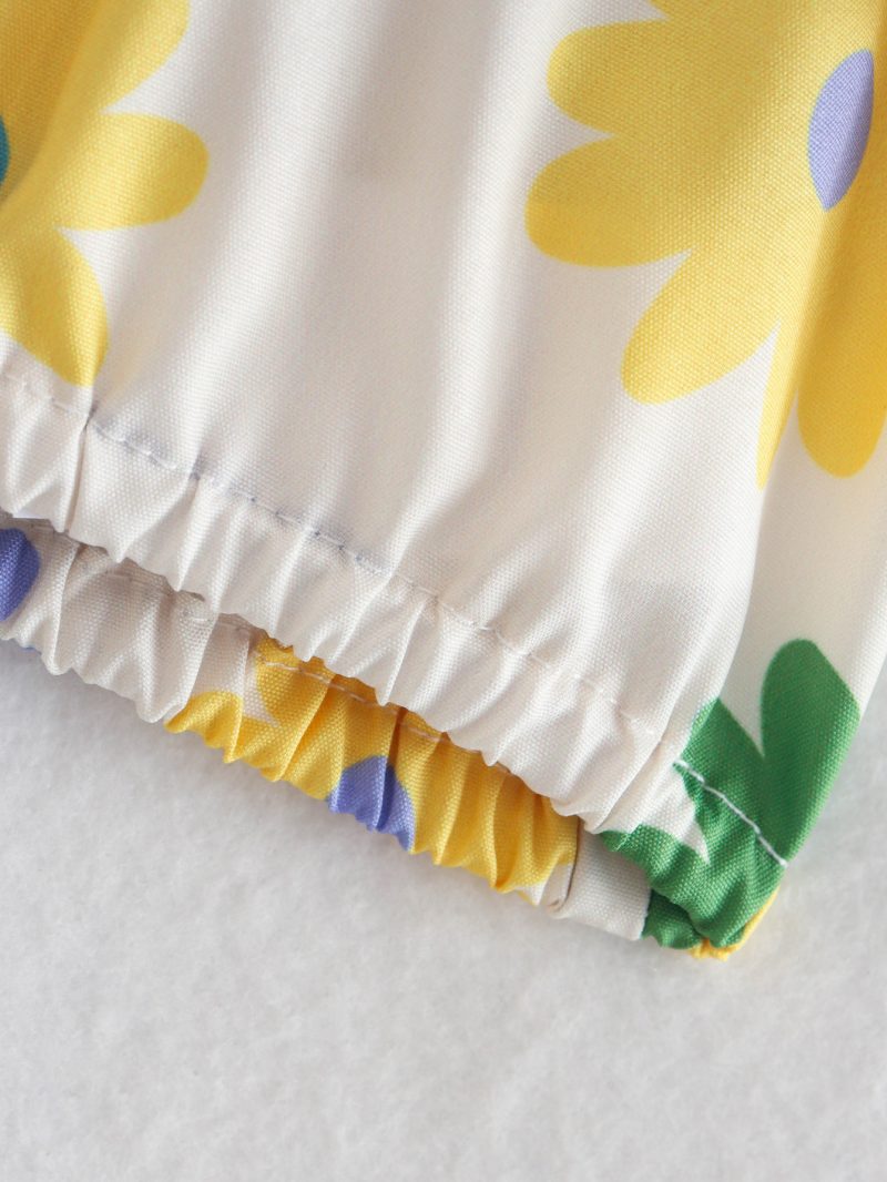 Summer Women Clothing V-neck Floral Print Puff Sleeve Knotted Short Top - Image 4