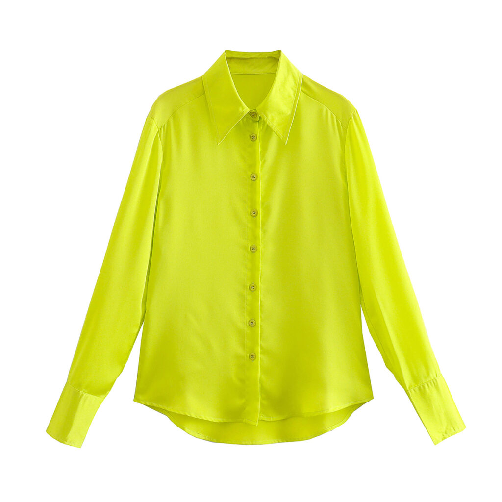 Spring Women Bright Yellow Satin Texture Shirt Top - Image 2