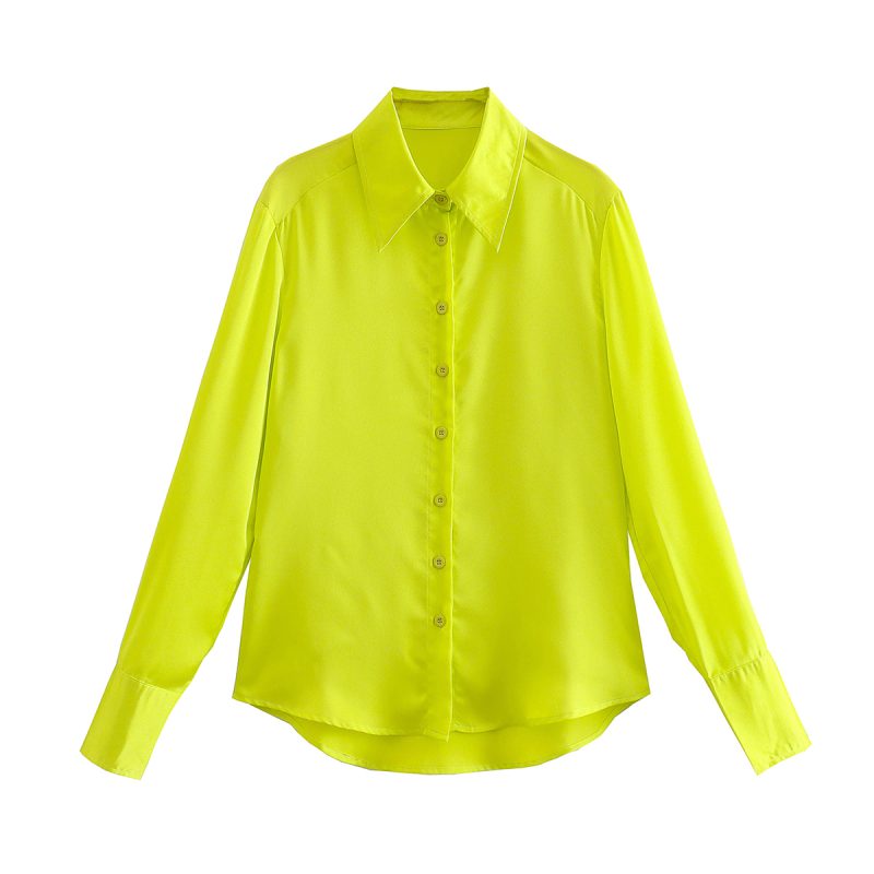 Spring Women Bright Yellow Satin Texture Shirt Top - Image 2