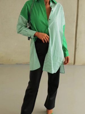 Women Clothing Summer Long-Sleeved Green Striped Stitching Shirt