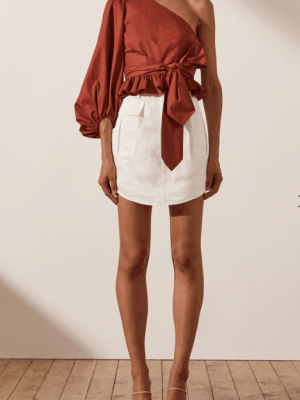 Spring Summer Brick Red One-Shoulder Top Ruffled Tied Short Shirt