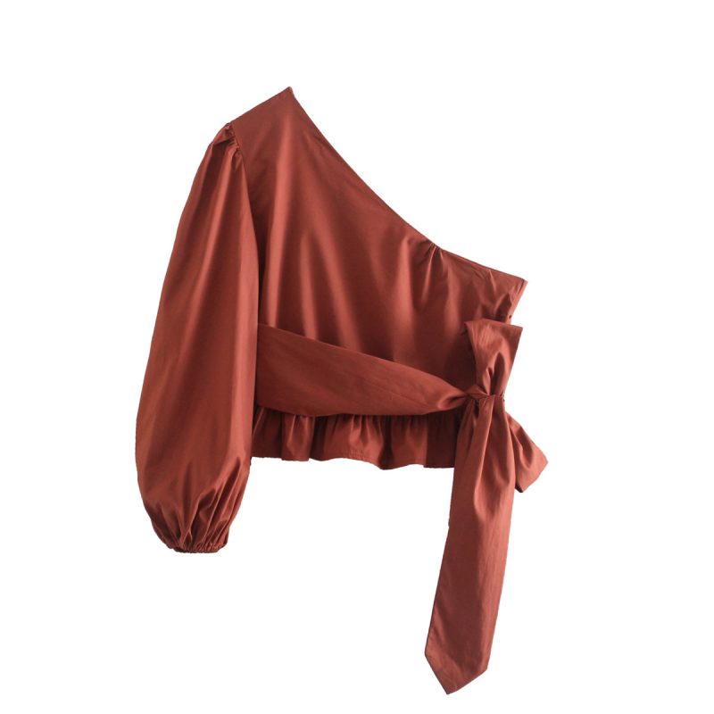 Spring Summer Brick Red One-Shoulder Top Ruffled Tied Short Shirt - Image 2