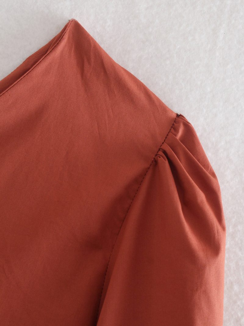 Spring Summer Brick Red One-Shoulder Top Ruffled Tied Short Shirt - Image 3