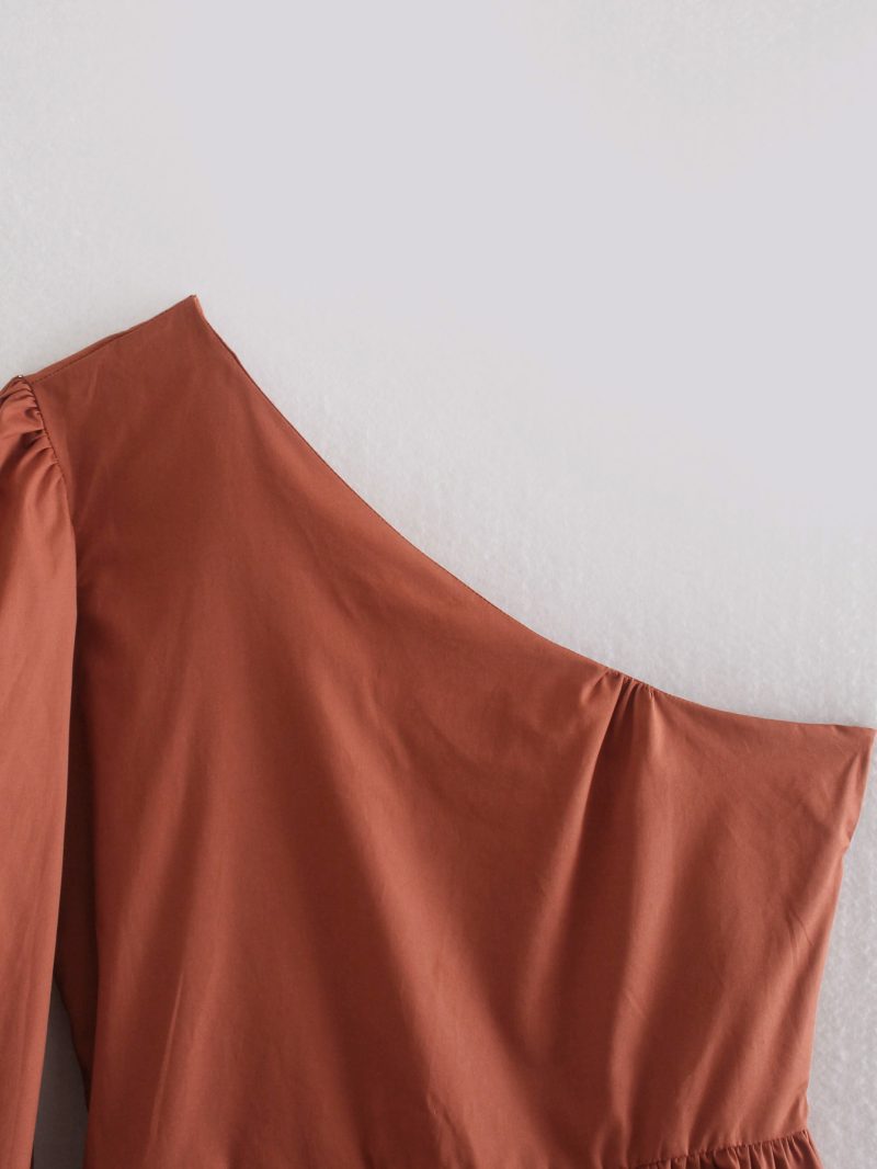 Spring Summer Brick Red One-Shoulder Top Ruffled Tied Short Shirt - Image 5