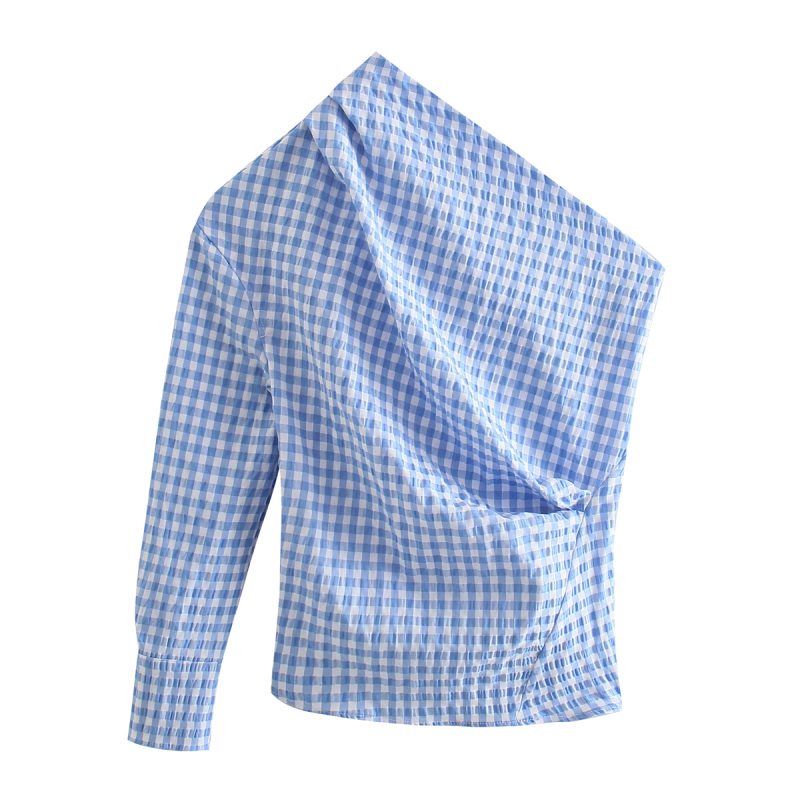 French Retro Summer Women Clothing All-Matching Slimming Shoulder Hollow Out Cutout Asymmetric Fold Top Shirt - Image 2