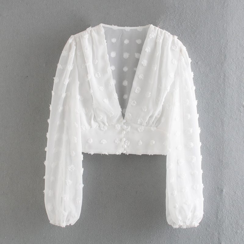 Women Clothing Spring Loose Short Lantern Long Sleeve V-neck Bare cropped Sexy Top - Image 2