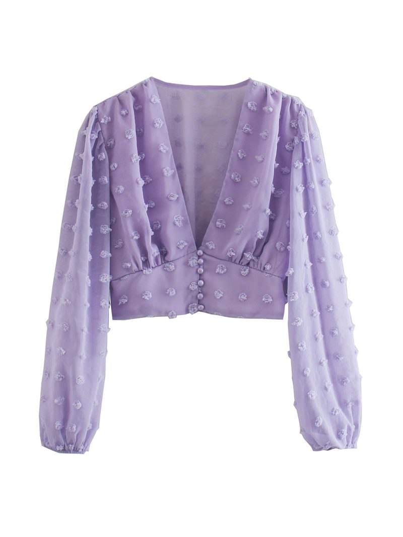 Women Clothing Spring Loose Short Lantern Long Sleeve V-neck Bare cropped Sexy Top - Image 3