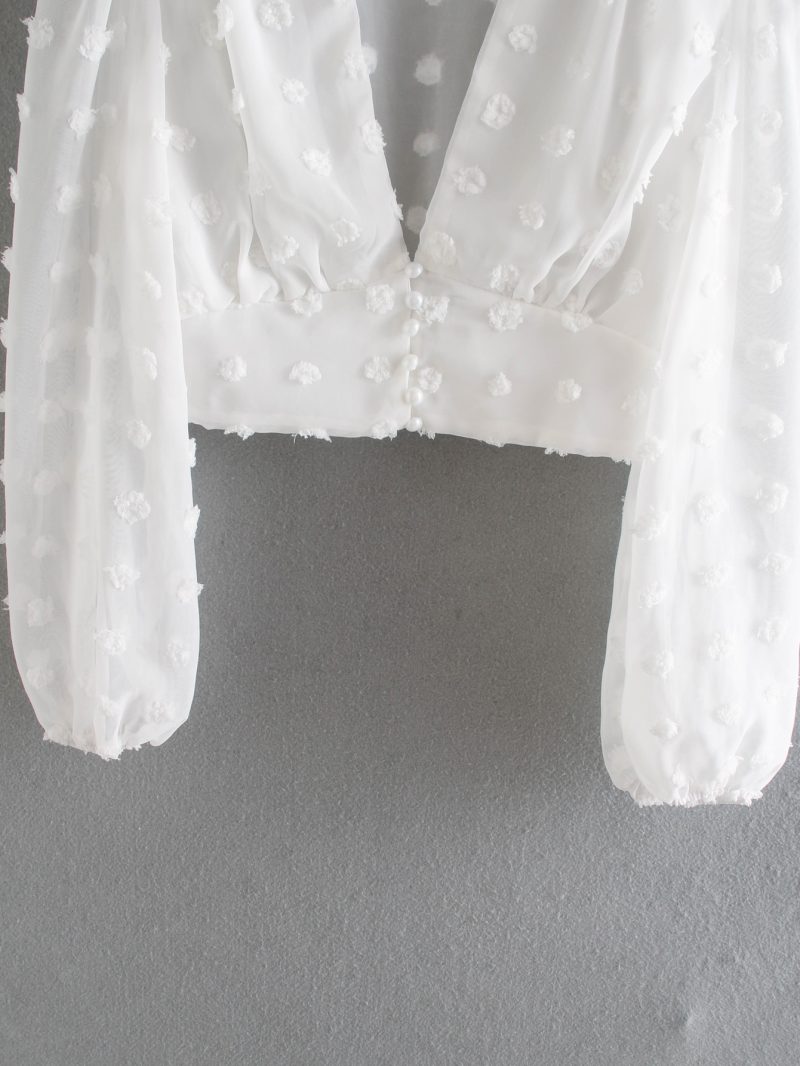 Women Clothing Spring Loose Short Lantern Long Sleeve V-neck Bare cropped Sexy Top - Image 6