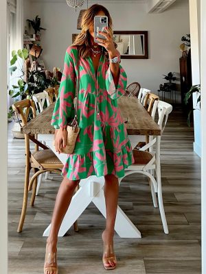 Summer Women Dress Banana Floral Buckle Ruffled Flared Sleeve Dress