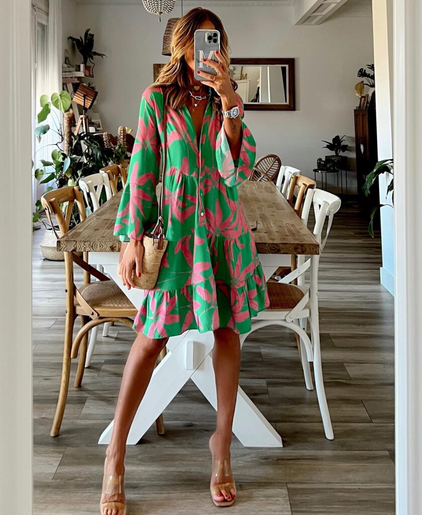 Summer Women Dress Banana Floral Buckle Ruffled Flared Sleeve Dress