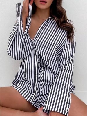 Elegant Slightly Mature Collared Single Breasted Top Mid-Length Women Clothing Spring/Summer Striped Contrast Color Long Sleeves Shirt