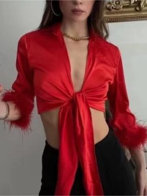 American-Style Collared Short Sexy Furry Long-Sleeved Shirt Women Spring Summer Pure Sexy Lace-up Cardigan Red Top