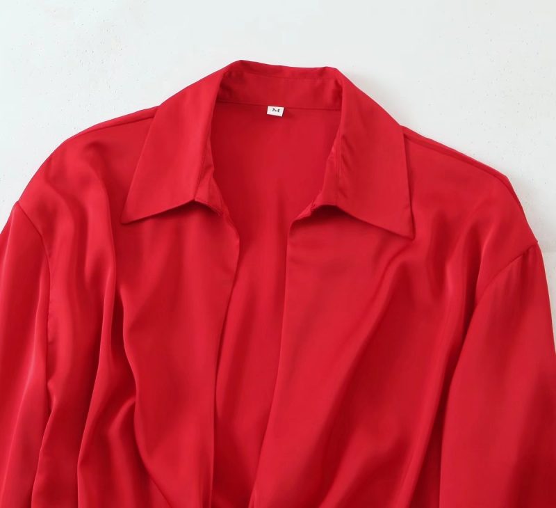 American-Style Collared Short Sexy Furry Long-Sleeved Shirt Women Spring Summer Pure Sexy Lace-up Cardigan Red Top - Image 5