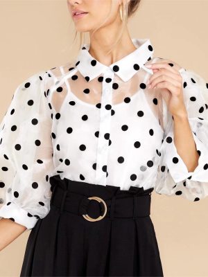 Women Clothing Summer Bubble Sleeve Polka Dot Print Translucent Shirt