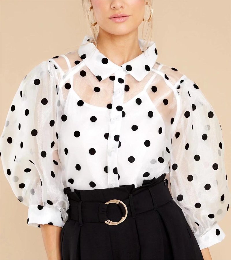 Women Clothing Summer Bubble Sleeve Polka Dot Print Translucent Shirt - Image 2