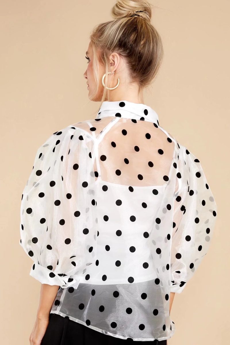 Women Clothing Summer Bubble Sleeve Polka Dot Print Translucent Shirt - Image 3