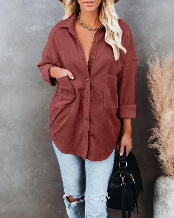 Women Clothing Autumn Winter Casual Long Sleeved Button Corduroy Shirt - Image 7