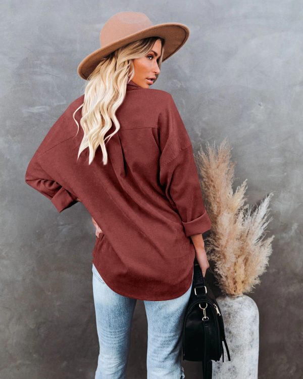 Women Clothing Autumn Winter Casual Long Sleeved Button Corduroy Shirt - Image 8