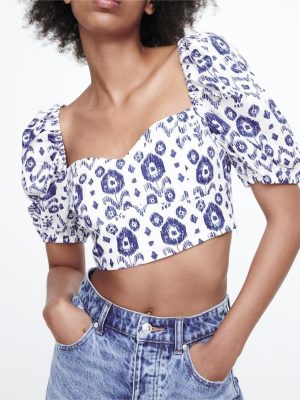 Printed Top Quality Slimming Short Sleeve Square Collar Women Cropped Outfit Short Shirt