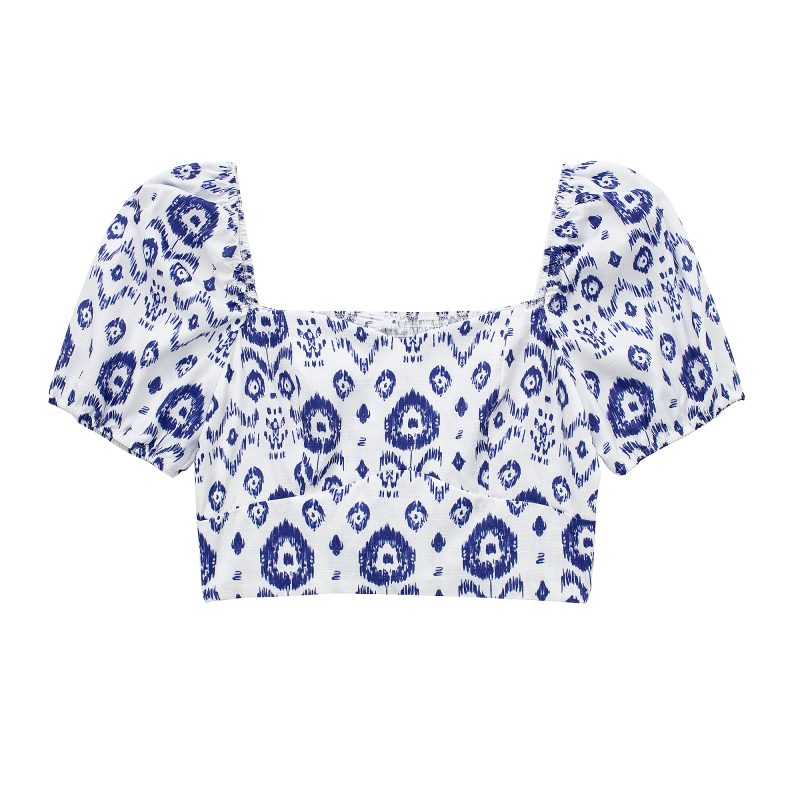 Printed Top Quality Slimming Short Sleeve Square Collar Women Cropped Outfit Short Shirt - Image 2