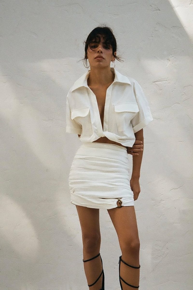 Summer Stretch Linen Blend Short Shirt Urban Casual Women Clothing High Waist Collared Twisted Knot Top - Image 2