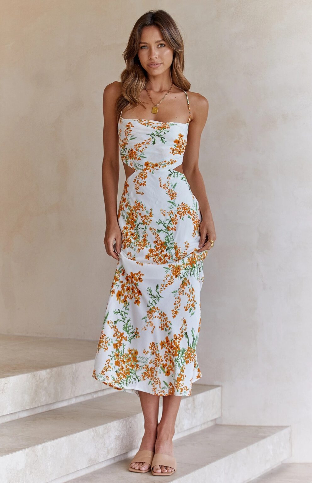 Spring Summer Small Floral Print Backless Lace-up Sweet Spaghetti-Strap Dress - Image 3