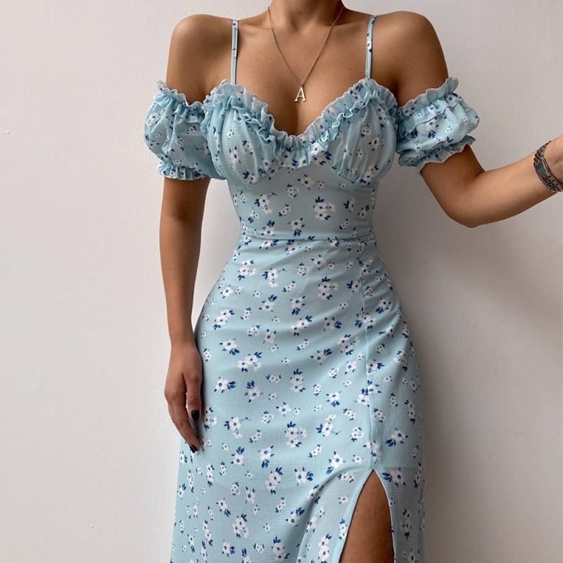 Summer Women0 Clothes Sexy V-neck Floral French Strap Dress - Image 5