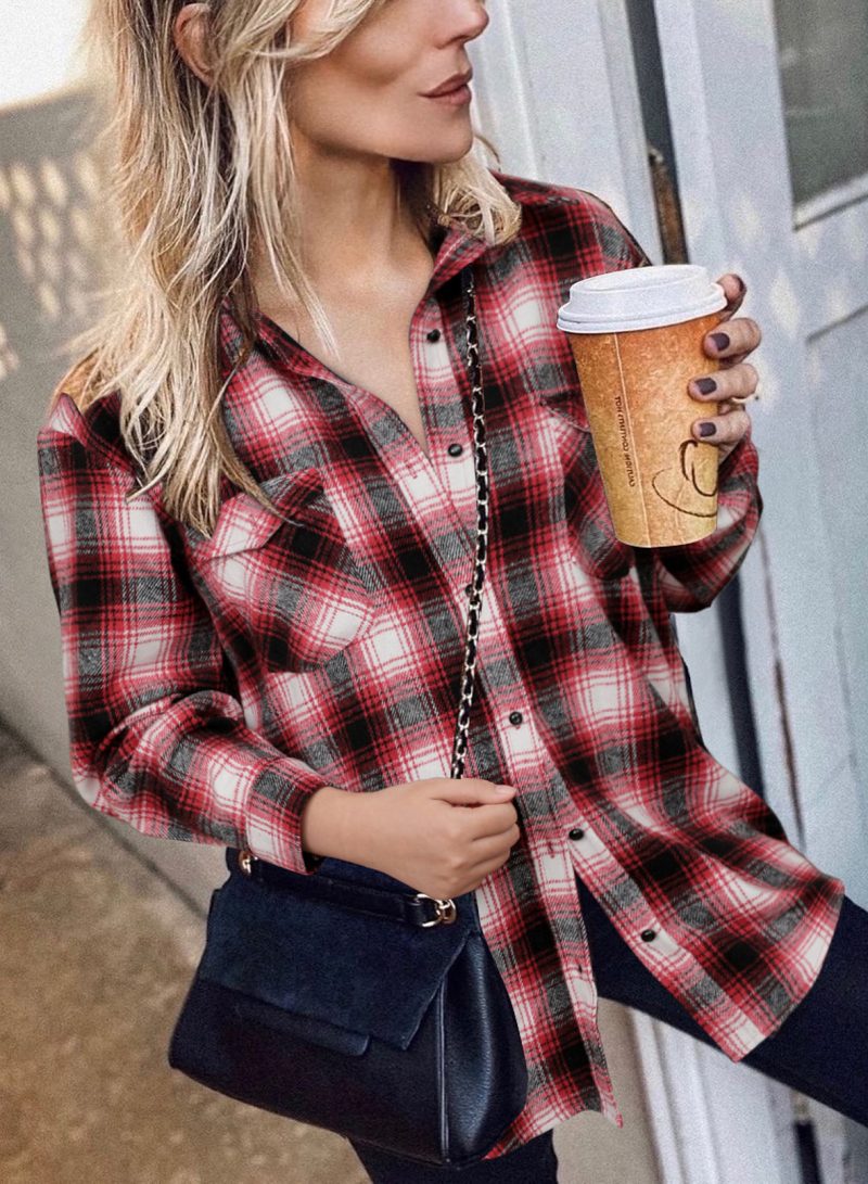 Women Clothing Autumn Winter Plaid Shirt Mid-Length Loose Lapels Cardigan Shirt - Image 2