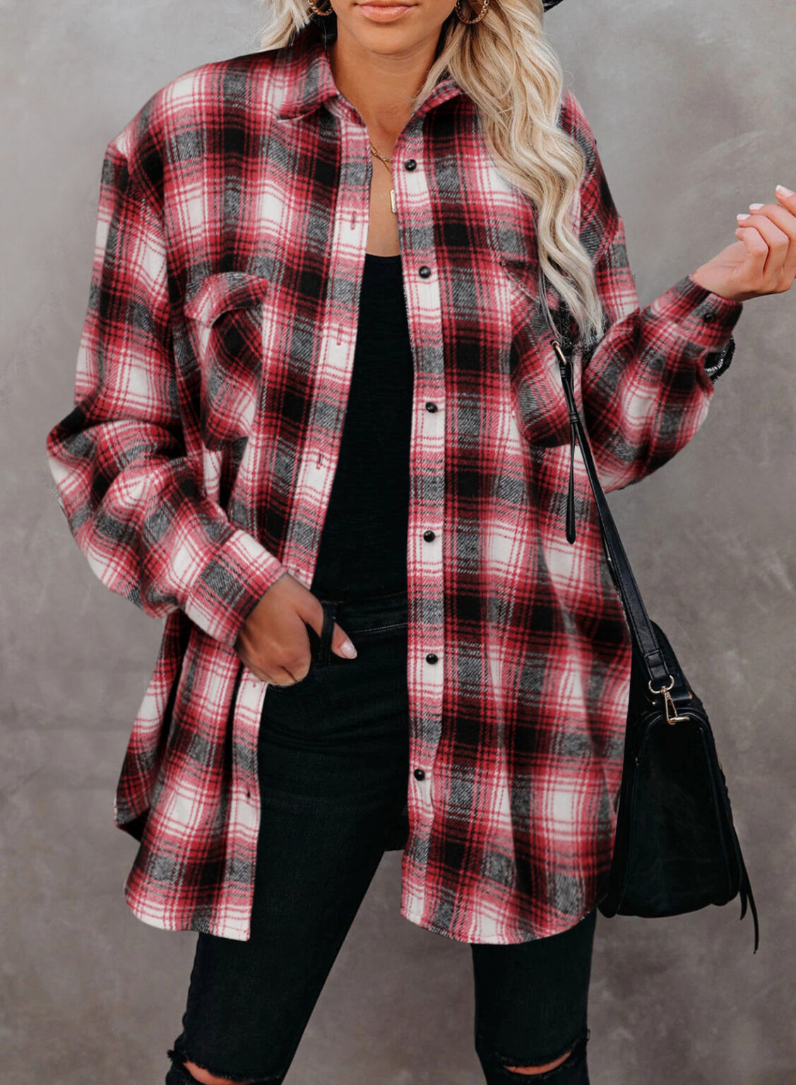Women Clothing Autumn Winter Plaid Shirt Mid-Length Loose Lapels Cardigan Shirt - Image 3