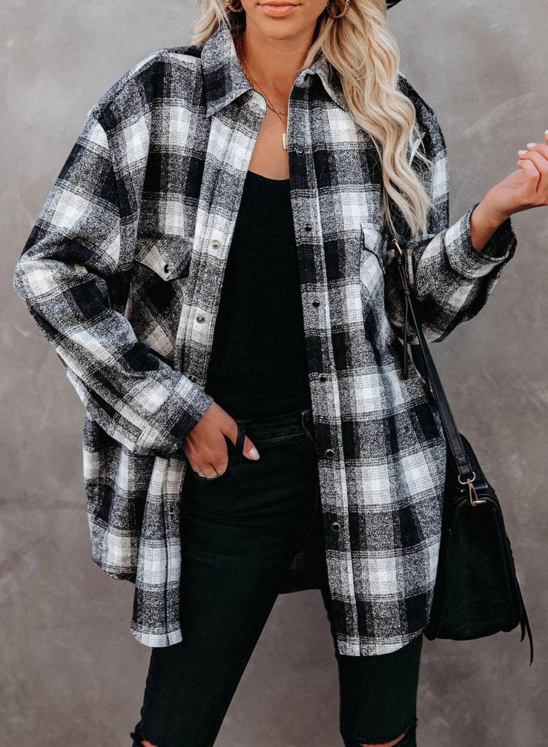 Women Clothing Autumn Winter Plaid Shirt Mid-Length Loose Lapels Cardigan Shirt - Image 4