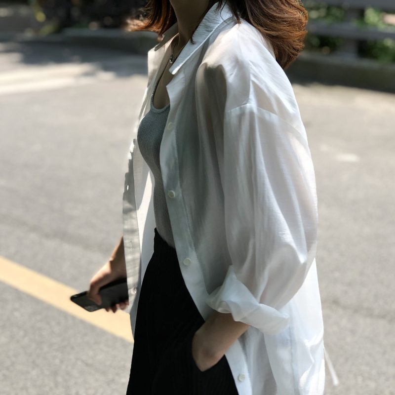 Summer Tencel Shirt Women Yan Double Solid Color Backless Sneaky Design Loose Sunscreen Clothes Women - Image 2