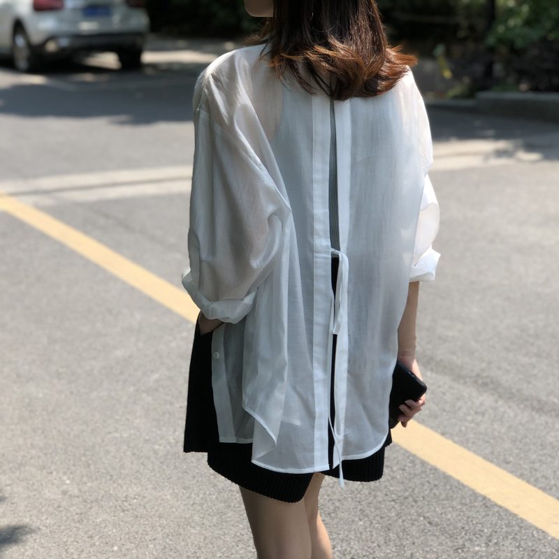 Summer Tencel Shirt Women Yan Double Solid Color Backless Sneaky Design Loose Sunscreen Clothes Women - Image 3