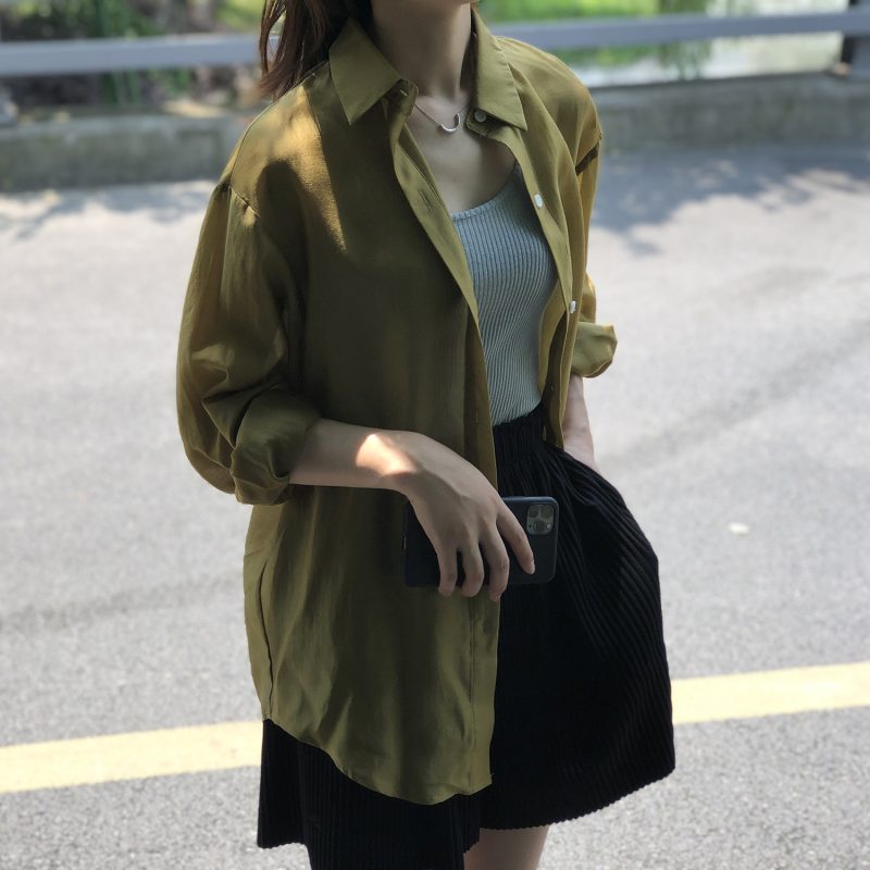 Summer Tencel Shirt Women Yan Double Solid Color Backless Sneaky Design Loose Sunscreen Clothes Women - Image 4