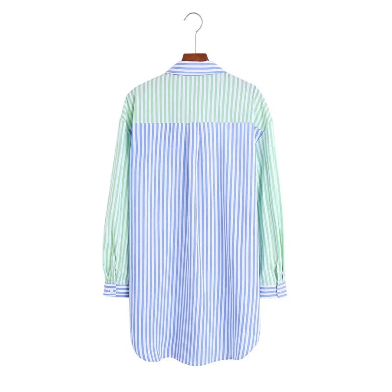 Autumn Women Clothing Collared Long Sleeve Color Matching Striped Loose Shirt - Image 2
