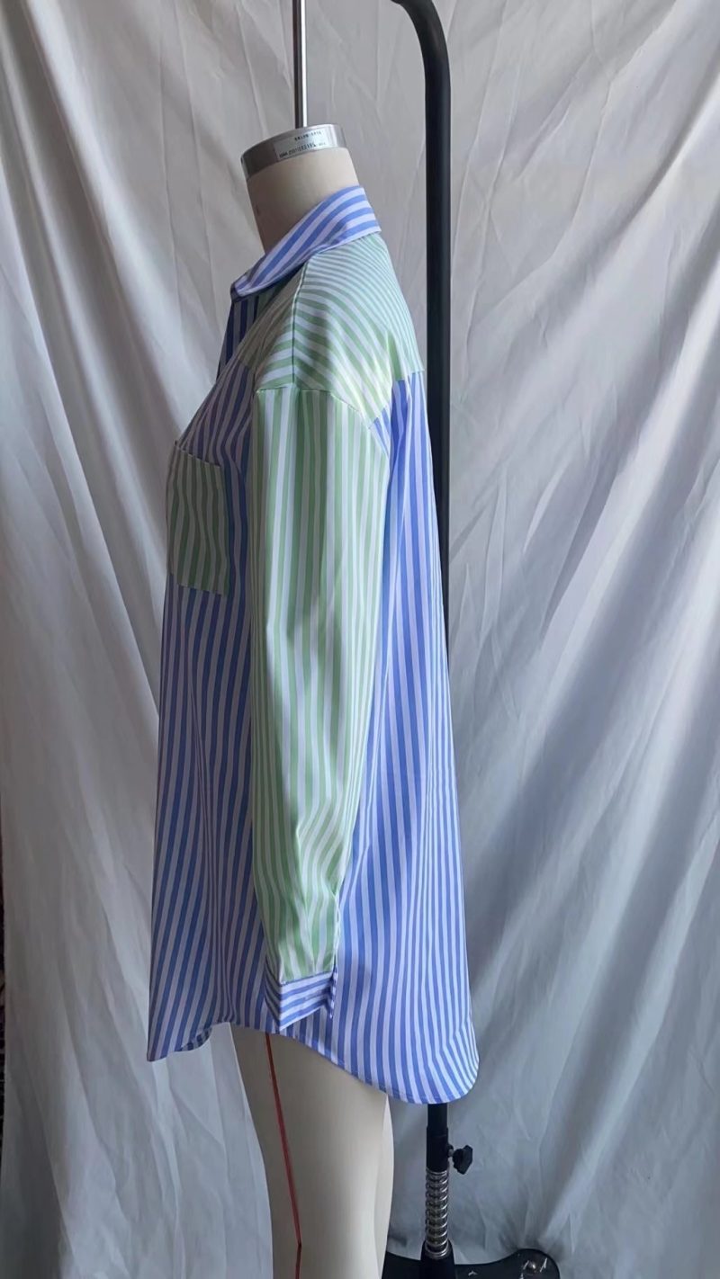 Autumn Women Clothing Collared Long Sleeve Color Matching Striped Loose Shirt - Image 3