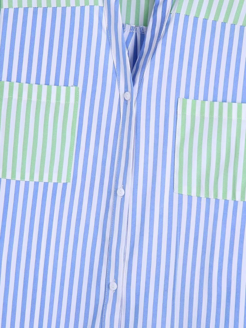 Autumn Women Clothing Collared Long Sleeve Color Matching Striped Loose Shirt - Image 6