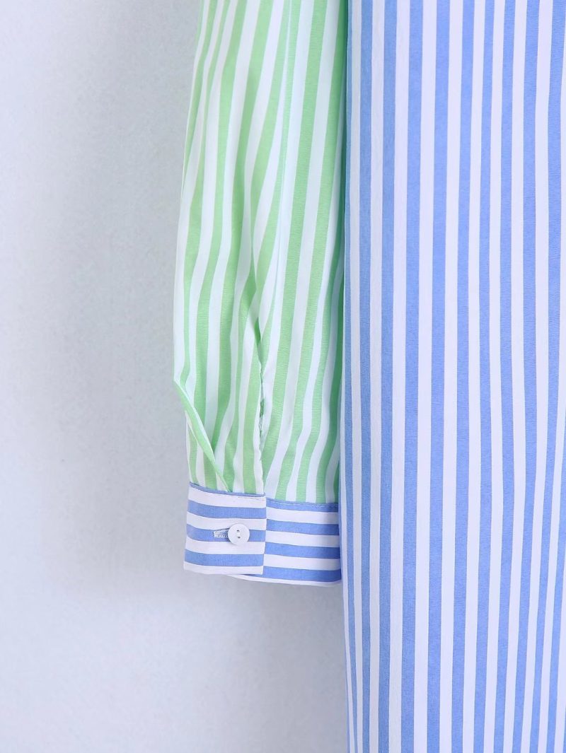 Autumn Women Clothing Collared Long Sleeve Color Matching Striped Loose Shirt - Image 8