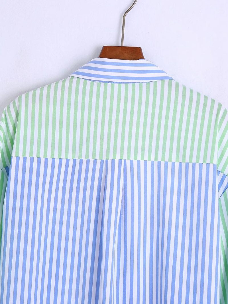 Autumn Women Clothing Collared Long Sleeve Color Matching Striped Loose Shirt - Image 11