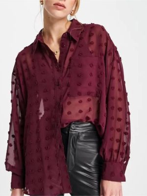 Women Clothing Polo Collar Solid Color Polka Dot Embroidered Long-Sleeved Shirt Top