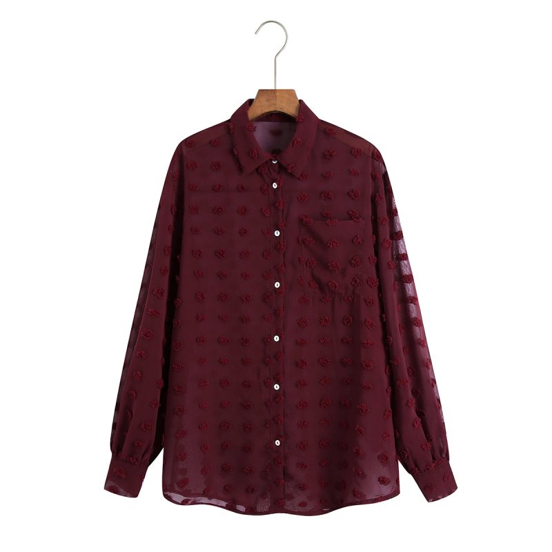 Women Clothing Polo Collar Solid Color Polka Dot Embroidered Long-Sleeved Shirt Top - Image 3