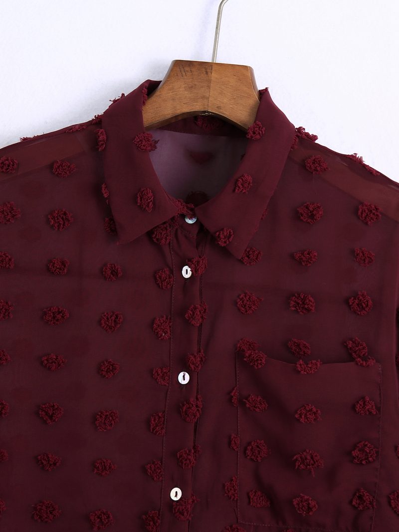 Women Clothing Polo Collar Solid Color Polka Dot Embroidered Long-Sleeved Shirt Top - Image 4